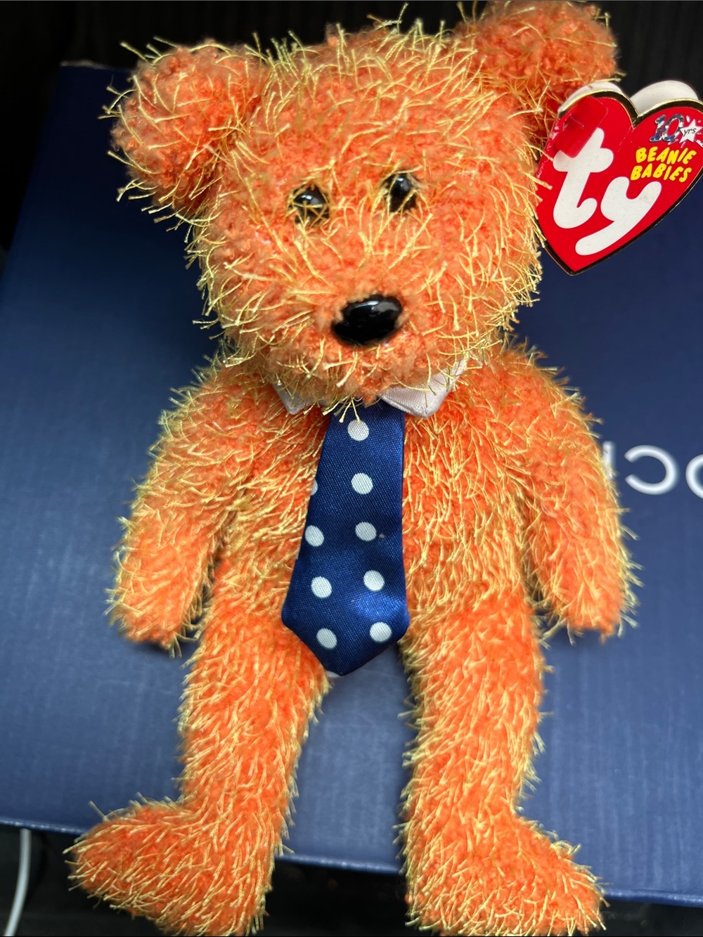 Ty Daddy Orange Plush Bear with Blue Polka Dot Tie